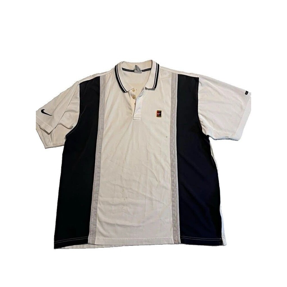 V- Vintage Nike Men's White Black Vertical Block Stripe Tennis Polo Shirt L